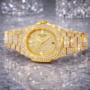 Iced Out Gold Diamond Quartz Watch Big Face Luxury Bust Down Unisex Bracelet